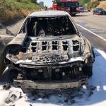 Fire heavily damages a car Monday, July 27, along Interstate 5 north near South 188th Street in SeaTac. COURTESY PHOTO, Tukwila Fire