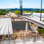 Crews place bridge girders on Aug. 3 for the South 228th Street overpass that will span the Union Pacific Railroad tracks and Interurban Trail. COURTESY PHOTO, Alex Klinger, City of Kent Public Works, via drone