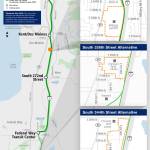 A map of the three proposed sites for a Operations and Maintenance Facility South for light rail vehicles to be built in either Kent or Federal Way. COURTESY GRAPHIC, Sound Transit