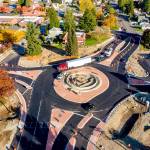 A image from a drone shows the new roundabout crews paved last weekend at Fourth Avenue South and Willis Street in Kent. COURTESY PHOTO, City of Kent