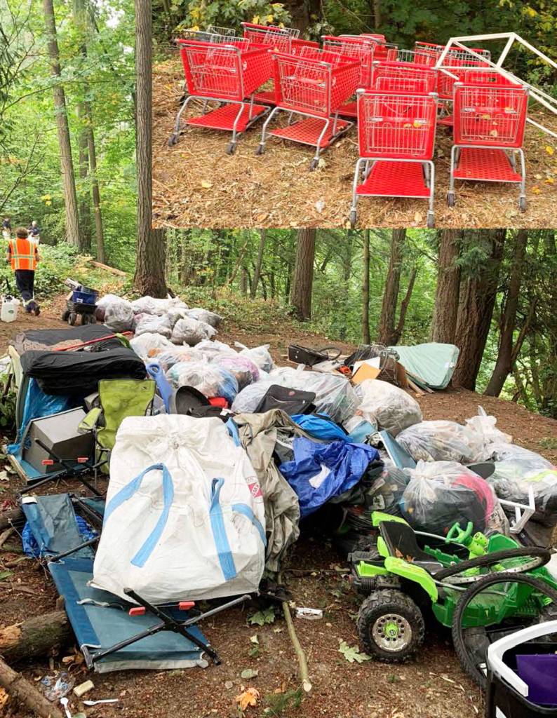 A photo insert of several of the shopping carts found in Mill Creek Canyon and bags that crews filled with trash left by homeless encampments. COURTESY PHOTO, City of Kent
