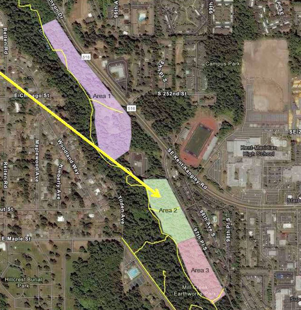 A graphic shows how the city of Kent divided areas of Mill Creek Canyon for clean up of trash left by homeless encampments. COURTESY GRAPHIC, City of Kent