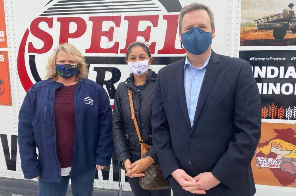 Kent Mayor Dana Ralph, Kent City Councilmember Satwinder Kaur and King County Councilmember Dave Upthegrove at the rally for Indian farmers on Dec. 26 in Kent. COURTESY PHOTO, Sikh Coalition