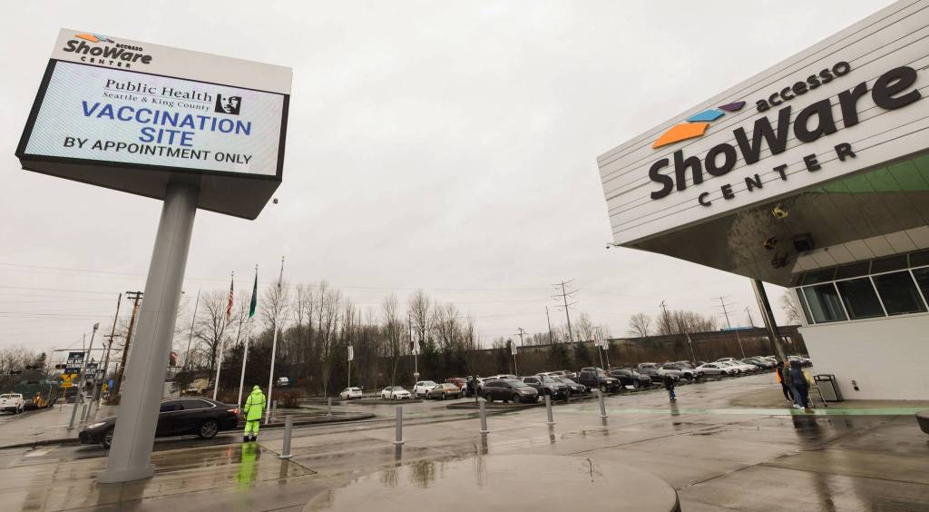 Appointments have been filled up through Feb. 20 for COVID-19 vaccinations offered by King County at the accesso ShoWare Center in Kent. COURTESY PHOTO, King County