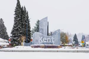 Snow piles up over the weekend at the new Willis Street roundabout and city of Kent sign. COURTESY PHOTO, City of Kent