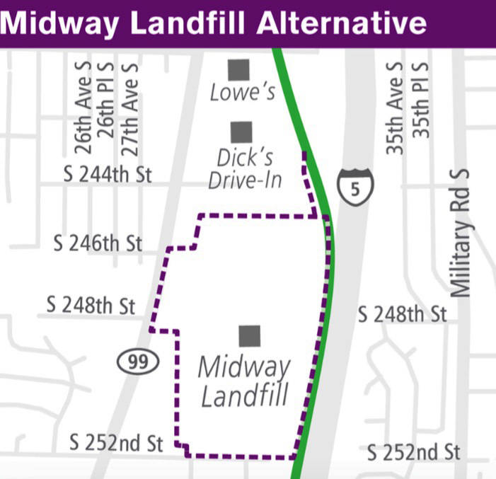 The location of a potential Operations and Maintenance Facility for light rail vehicles on Kents West Hill. COURTESY GRAPHIC, Sound Transit