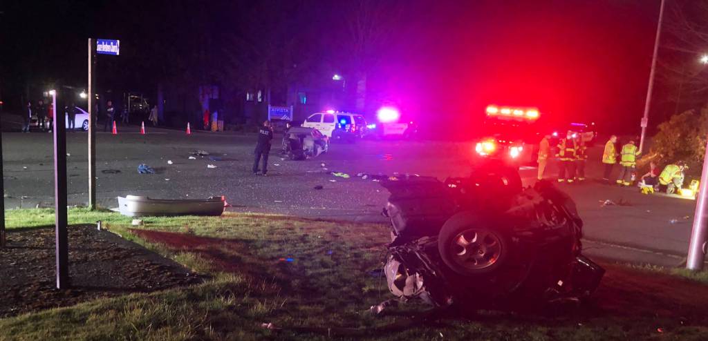 The crash scene in Kent after a collision between two vehicles at Southeast 240th Street and 112th Avenue SE. COURTESY PHOTO, Puget Sound Fire