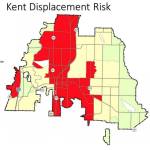 A map indicating estimated high housing displacement risk neighborhoods in Kent. (Courtesy of the City of Kent)