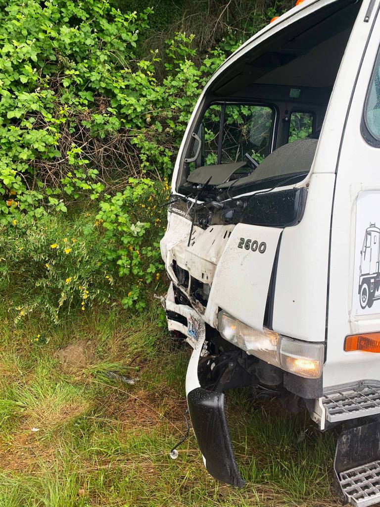 This box truck reportedly struck a vehicle parked on the northbound Interstate 5 shoulder on Thursday morning, May 20 in Kent. COURTESY PHOTO, Washington State Patrol