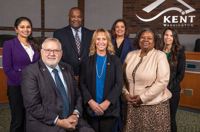 Kent City Council members from left to right: Satwinder Kaur, Les Thomas, Bill Boyce, Toni Troutner, Marli Larimer, Brenda Fincher and Zandria Michaud. COURTESY PHOTO, City of Kent