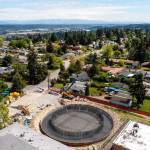 A photo from a drone gives an overview of the new water tower under construction on Kents West Hill near South 248th Street and 38th Avenue South. COURTESY PHOTO, City of Kent