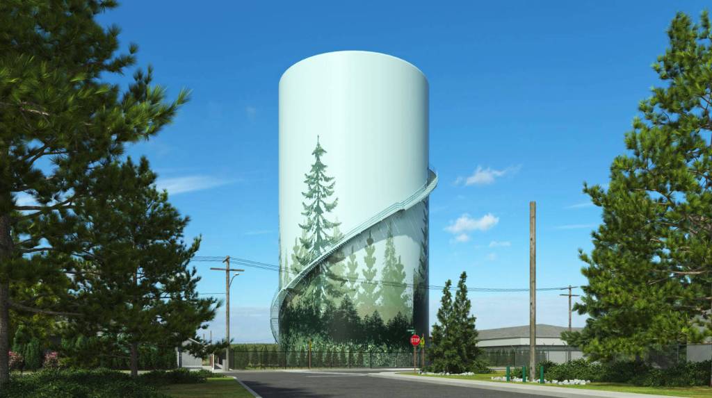 A rendering of what the city of Kents West Hill water tower with a mural will look like when completed in 2022. COURTESY IMAGE, City of Kent