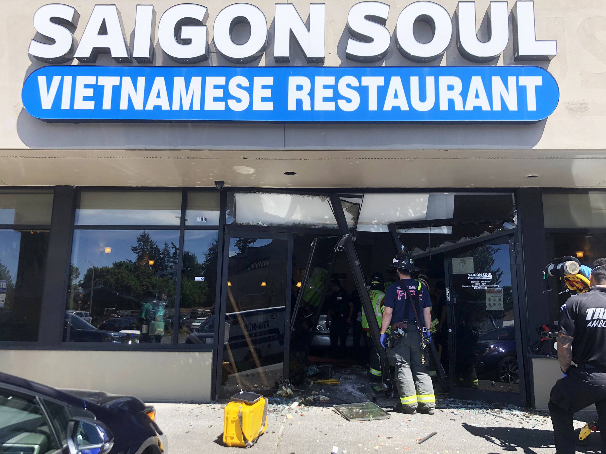 A vehicle crashed into the Saigon Soul Vietnamese Restaurant on Wednesday afternoon, June 23 on Kents East Hill. COURTESY PHOTO, Puget Sound Fire