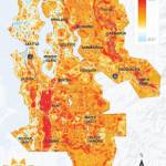 This image shows the afternoon results of the heat mapping project on July 27, 2020. Areas in dark red retained the most heat. Photo courtesy of King County.