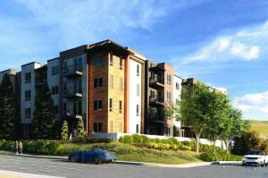 A rendering of the Alexan Gateway Apartments along Military Road South on Kents West Hill. Work has stopped on the project after the construction company declared bankruptcy. COURTESY IMAGE, City of Kent