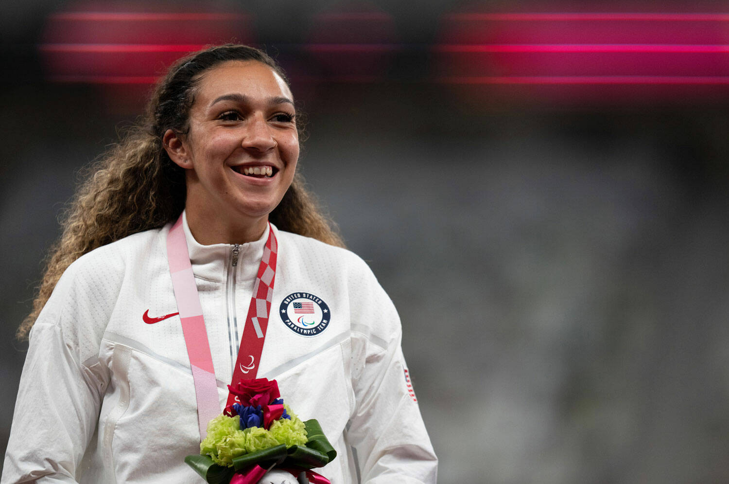 Kents Jaleen Roberts, collecting a silver medal for the long jump at the Paralympic Games in Tokyo, also took silver in the 100 meters. COURTESY PHOTO, Joe Kusumoto, USOPC