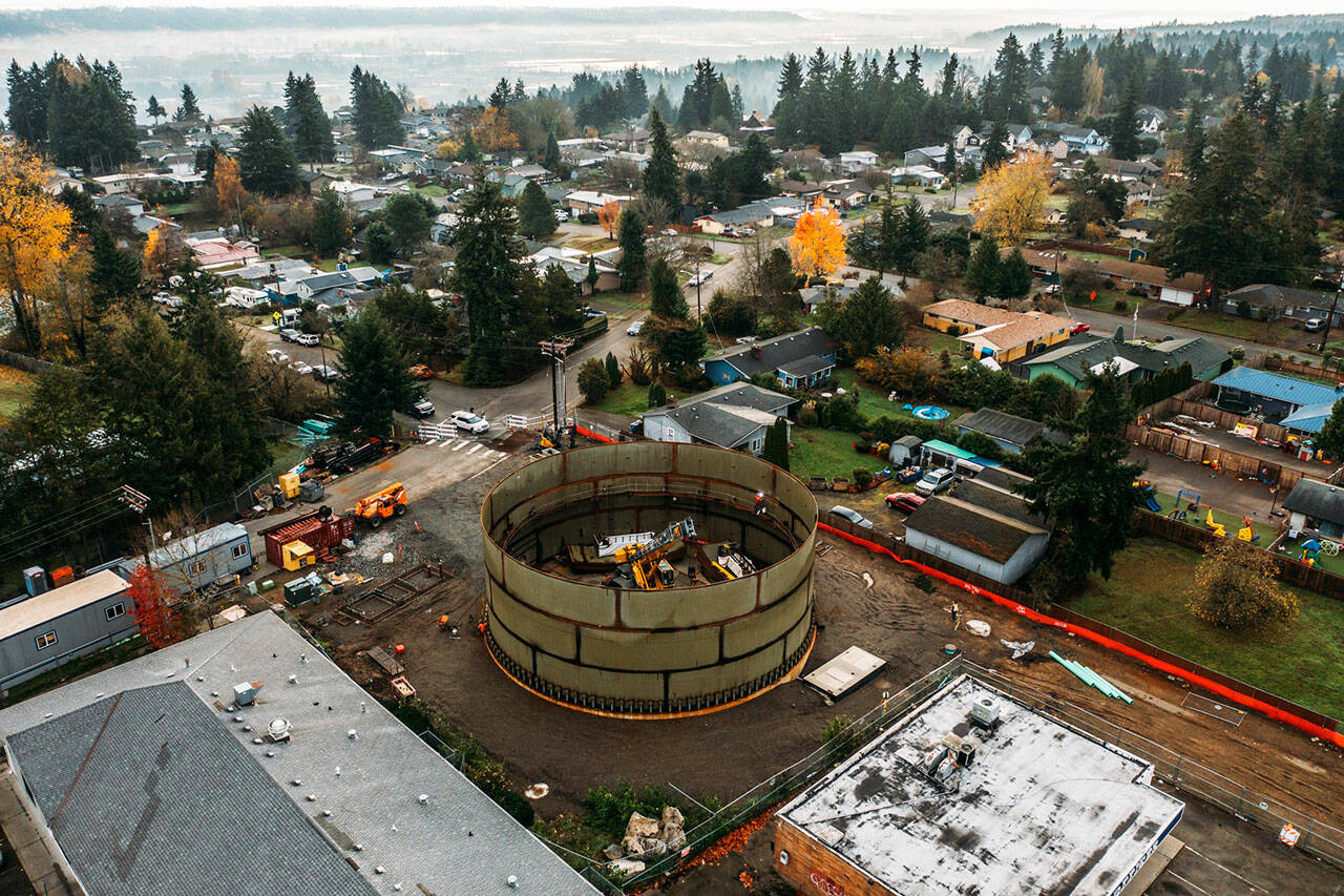 Crews put up the walls last month on an eventual 16-story water reservoir on Kents West Hill. The $8.4 million reservoir is expected to be ready for use next fall. COURTESY PHOTO, City of Kent