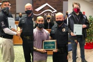 Left to right: Dustin Everett, Clarence Tewasiliyaro and Brian Yeater all receive their awards. Courtesy photo