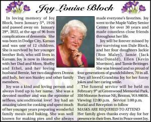Joy Louise Block | Obituary