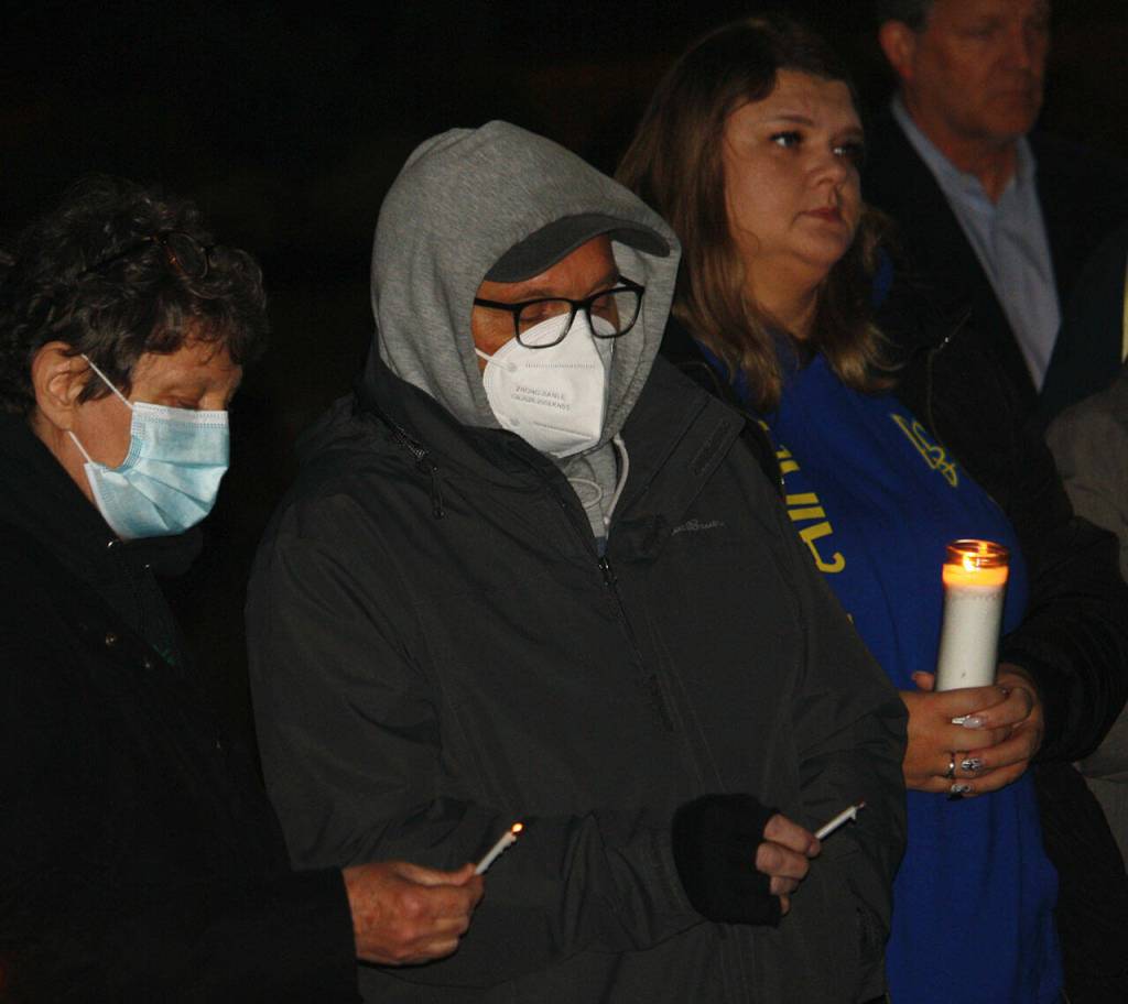 A candlelight vigil drew supporters of Ukraine to a rally outside Kent City Hall. STEVE HUNTER, Kent Reporter