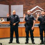 Kent Mayor Dana Ralph swears in Kent Police Officers Krishan Kumar, Keanu Hamilton and Ozzy Arjona March 15 at City Hall. COURTESY PHOTO, City of Kent