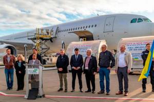 Political leaders gather Monday, March 28 at Sea-Tac Airport where $3.5 million worth of medical aid supplies will head to Ukraine. COURTESY PHOTO, Port of Seattle
