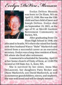 Evelyn DeVere Monson | Obituary