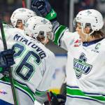 Reid Schaefer, Nico Myatovic, Tyrel Bauer and the rest of the Seattle Thunderbirds will open the Western Hockey League playoffs Friday, April 22 against the Kelowna Rockets at the accesso ShoWare Center. COURTESY PHOTO, Brian Liesse, Seattle Thunderbirds