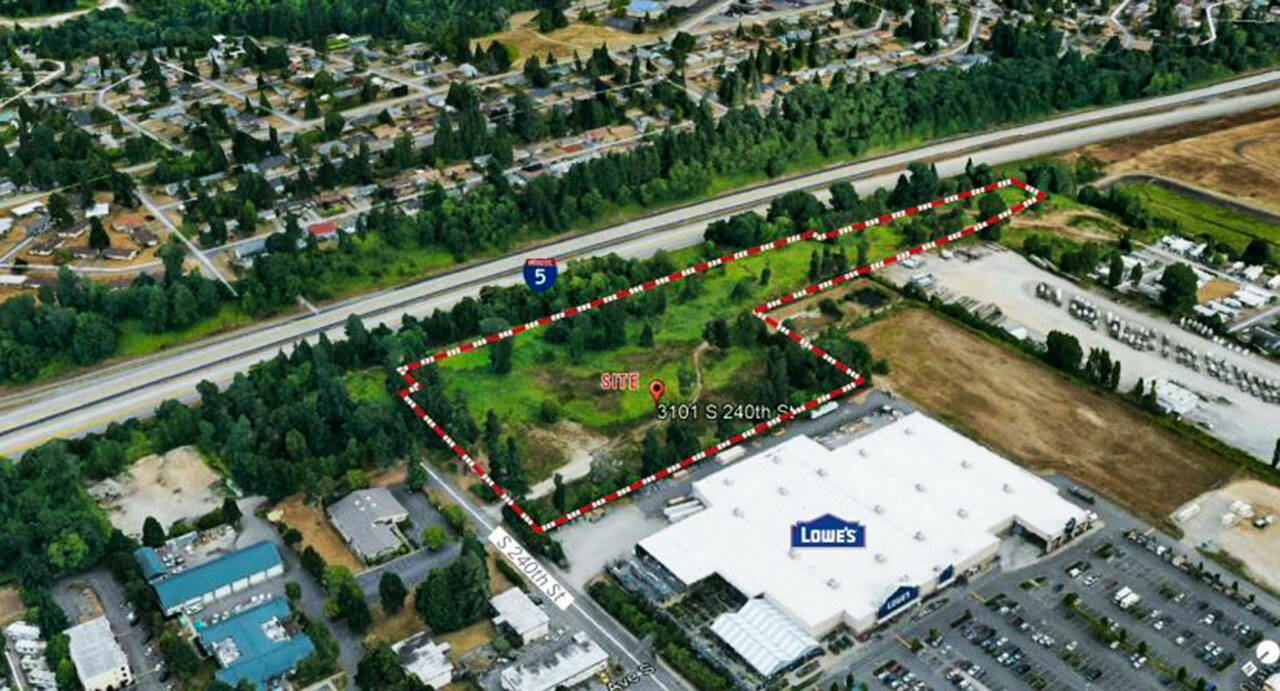 The red outline shows the location of a proposed 564-unit apartment complex on Kents West Hill along South 240th Street near the under construction light rail station. COURTESY IMAGE, City of Kent