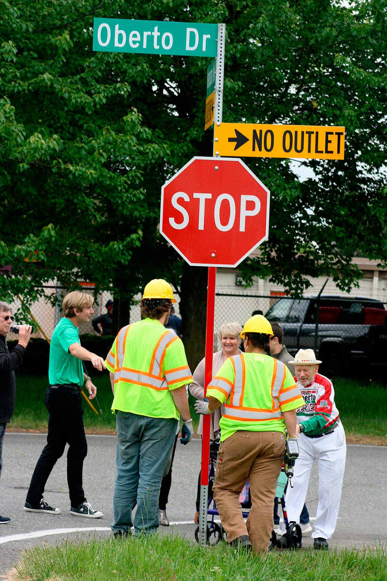 Art Oberto, far right, at a Kent street renaming in 2018 in honor of the 100th anniversary of Oberto. FILE PHOTO, Kent Reporter