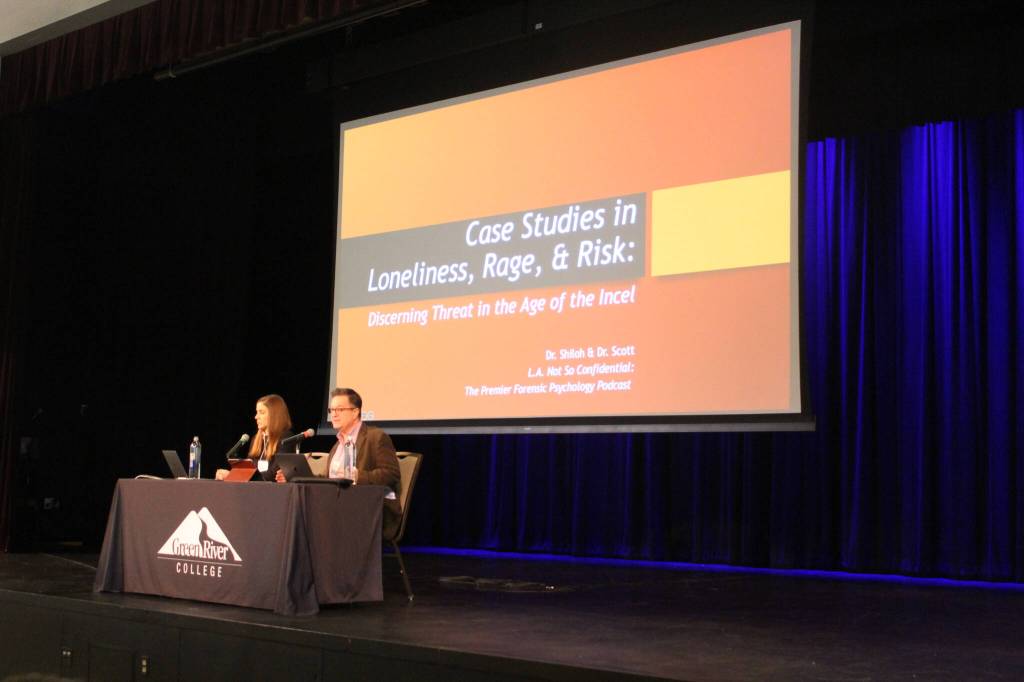 Dr. Shiloh (left) and Dr. Scott of true crime podcast L.A. Not So Confidential held a presentation on the main stage called Case Studies in Loneliness, Rage, & Risk: Discerning Threat in the Age of the Incel where the two psychologist spoke about the origins and incoherent ideology of the incel community. Photo by Bailey Jo Josie/Sound Publishing.