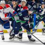 Seattles Jarod Davidson controls the puck against Spokane on Saturday, Oct. 22 at the ShoWare Center in Kent. COURTESY PHOTO, Brian Liesse, Seattle Thunderbirds