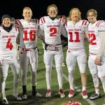 Simon Fraser QBs (16) Justin Seiber (Kentwood) and (2) Brandon Niksich (Todd Beamer) pictured with three of their receiving corps. Courtesy photo