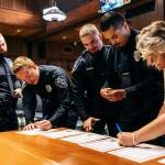 Kent Mayor Dana Ralph and four Kent Police officers sign the proper documents in August after the mayor swore them in. COURTESY PHOTO, Kent Police