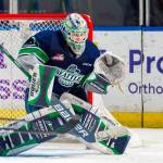 Seattle goalie Scott Ratzlaff prepares to make a save against Everett on Dec. 13 at ShoWare Center. COURTESY PHOTO, Brian Liesse, Seattle Thunderbirds