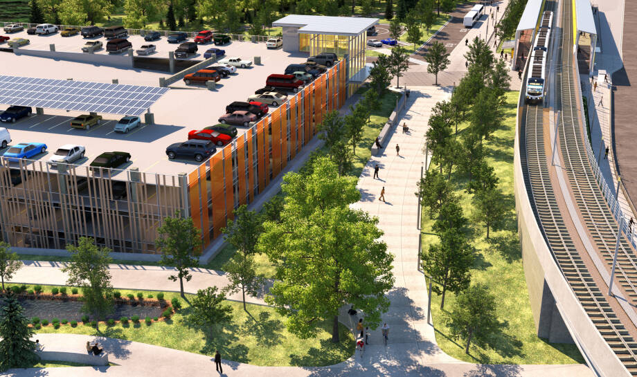 A rendering of Sound Transits South 272nd Street parking garage and light rail station in Kent scheduled to open in 2025 as part of the Federal Way Link extension. COURTESY IMAGE, Sound Transit