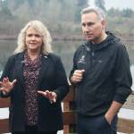 Kent Mayor Dana Ralph and King County Executive Dow Constantine chat on the dock Jan. 25 at Clark Lake Park. STEVE HUNTER, Kent Reporter