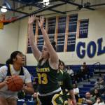 Sophomore Rylee Clayton plays defense straight up on the Decatur player. Ben Ray / The Reporter