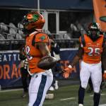 Sea Dragon WR Jordan Veasy celebrates and looks at the home fans after he scored the go ahead touchdown Feb. 23. Photos by Ben Ray/Sound Publishing