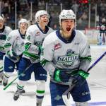 The first-place Seattle Thunderbirds celebrate during their win against Portland Feb. 25 at the ShoWare Center in Kent. COURTESY PHOTO, Brian Liesse, Seattle Thunderbirds
