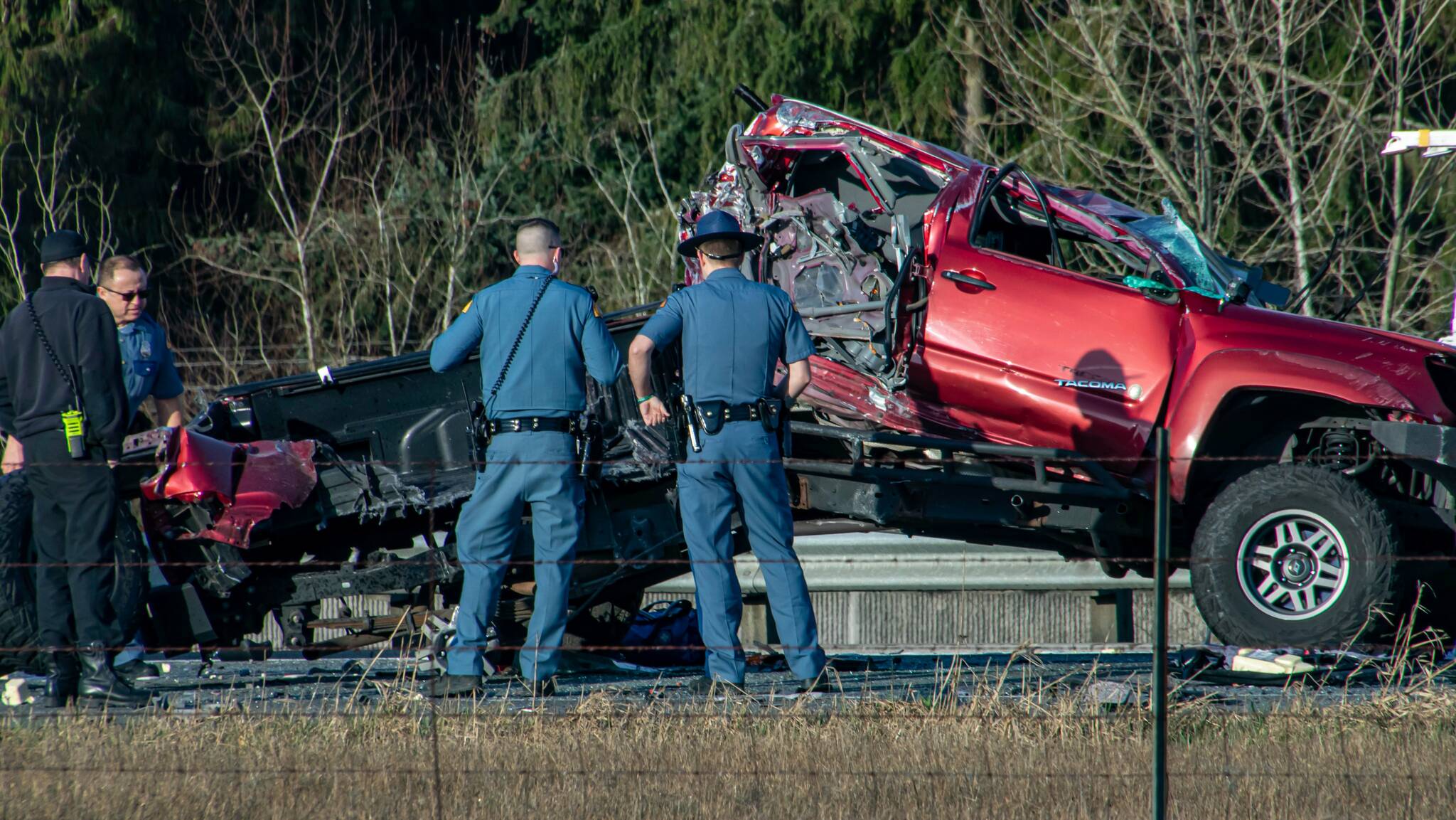 A vehicle going southbound on I-5 crossed into northbound lanes the morning of March 5, causing a collision near South 336th Street in Federal Way. (Photo courtesy of South King Fire and Rescue)