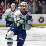 Dylan Guenther celebrates one of his two goals for the Seattle Thunderbirds in a 6-3 win over the Kamloops Blazers on Tuesday, March 21 at the accesso ShoWare Center in Kent. COURTESY PHOTO, Brian Liesse, Seattle Thunderbirds