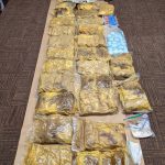 Approximately 104 pounds of methamphetamine, more than 2 pounds of suspected fentanyl powder, and more than 20,000 suspected fentanyl pills seized by law enforcement. (Courtesy of the Department of Justice)