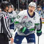 Seattle Thunderbirds wing Lucas Ciona celebrates during a 4-1 win over the Kelowna Rockets in Game 2 of the WHL playoffs April 1 at the ShoWare Center in Kent. COURTESY PHOTO, Brian Liesse, Seattle Thunderbirds