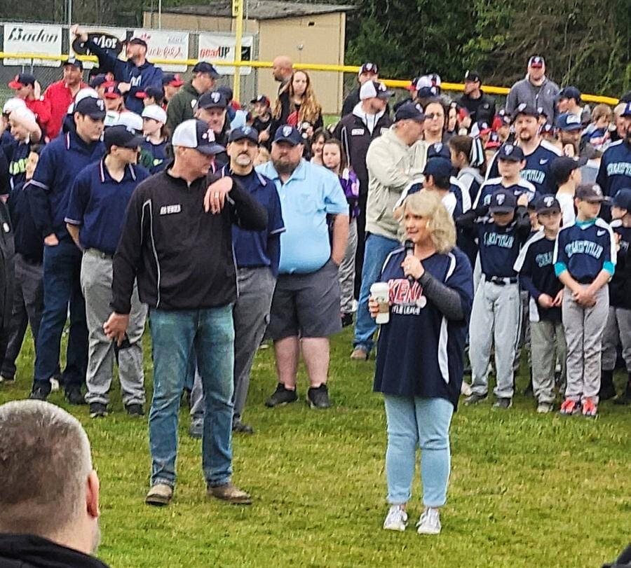 Kent Mayor Dana Ralph delivers a few words at Kent Little League opening day. COURTESY PHOTO, City of Kent