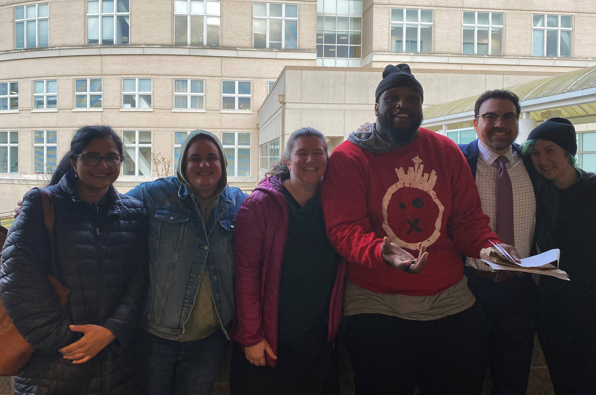 The DAndre Glapsy defense team, from left to right: Attorney Anna Samuel, investigator Emily Willard, social worker Alix Willard, DAndre Glaspy, attorney Michael Schueler and investigator Molly Gilbert. COURTESY PHOTO, Michael Schueler