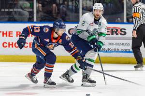 Seattles Nolan Allan, shown here in the April 30 game at the accesso ShoWare Center, had the only goal for the Thunderbirds in a 4-1 loss May 2 at Kamloops. COURTESY PHOTO, Brian Liesse, Seattle Thunderbirds