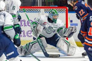 Western Hockey League (WHL) general managers and media named Seattles Thomas Milic as the 2022-2023 WHL Goaltender of the Year. COURTESY PHOTO, Brian Liesse, Seattle Thunderbirds