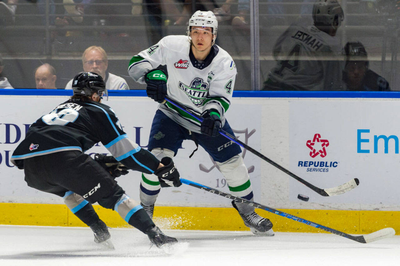 Seattles Jeremy Hanzel scored two goals to help lead the Thunderbirds to a 6-3 win over Winnipeg in the WHL Championship Series Tuesday, May 16 at the accesso ShoWare Center in Kent. COURTESY PHOTO, Brian Liesse, Seattle Thunderbirds