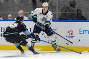 Seattles Jeremy Hanzel scored two goals to help lead the Thunderbirds to a 6-3 win over Winnipeg in the WHL Championship Series Tuesday, May 16 at the accesso ShoWare Center in Kent. COURTESY PHOTO, Brian Liesse, Seattle Thunderbirds